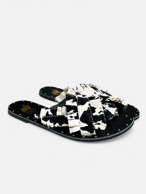 Camel Threads Ruffled Cow Print Slide Sandal Size 7